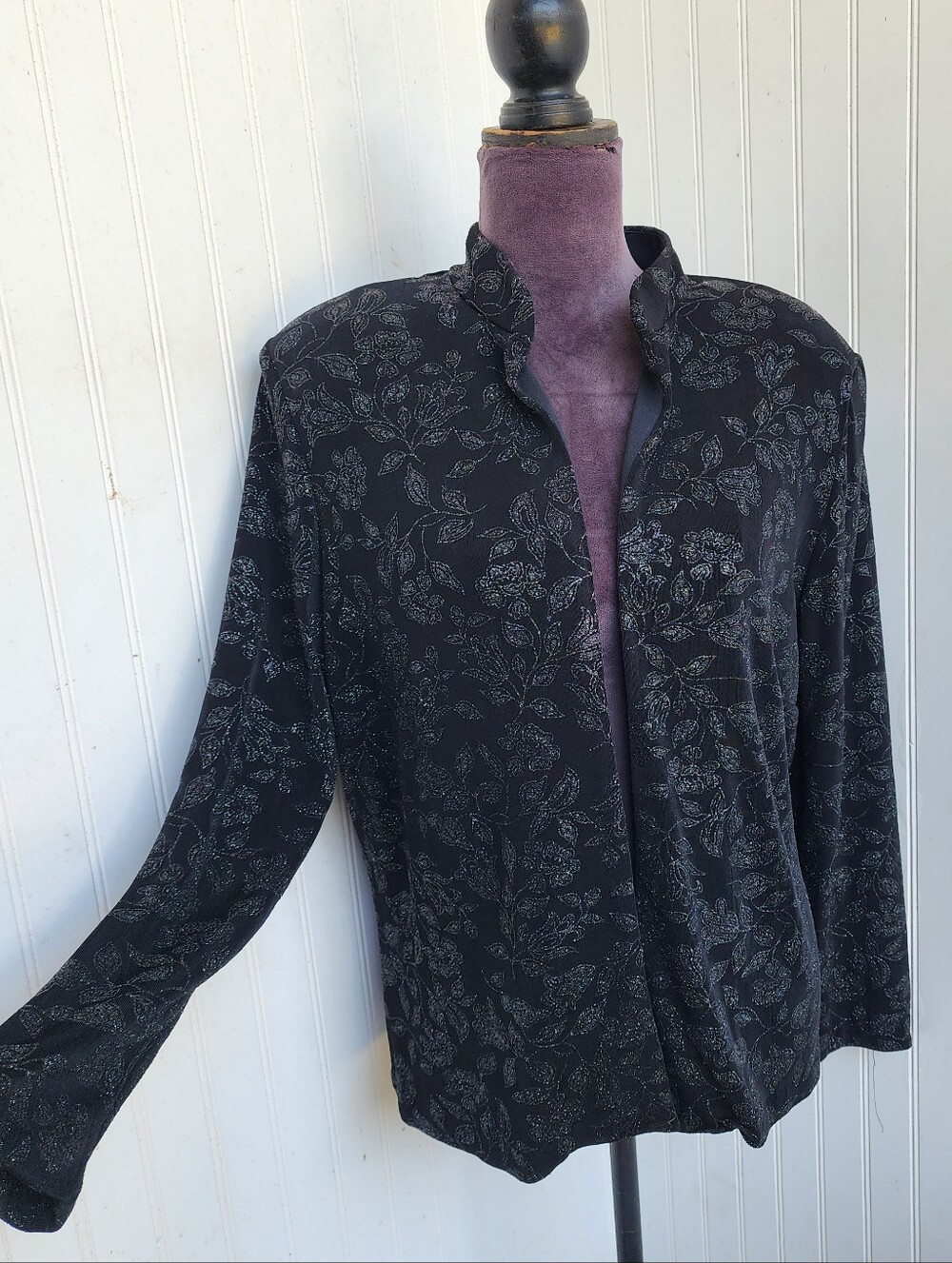 Xscape By Joanna Chen Black Silver Evening Jacket Open Front Slinky Stretch 1X